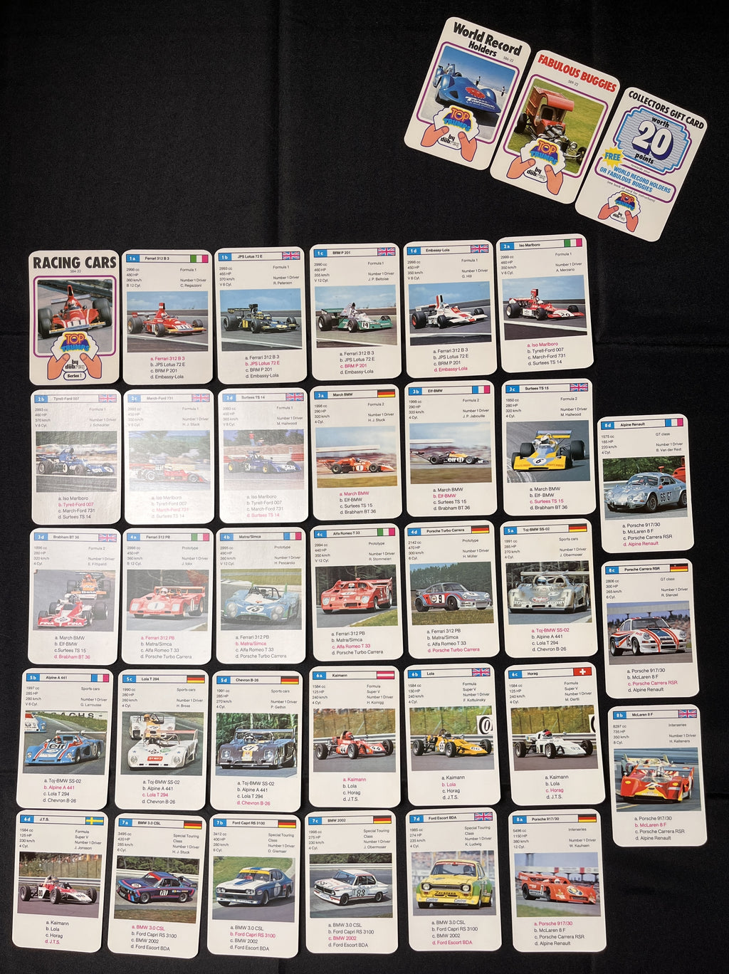 1975 Dubreq F1 RACING CARS Top-Trumps Complete Set (32+) Graham Hill, Emerson Fittipaldi, Jacky Ickx ++++