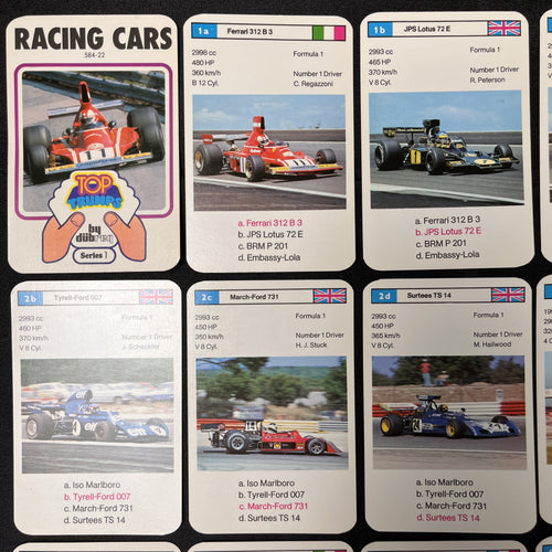 1975 Dubreq F1 RACING CARS Top-Trumps Complete Set (32+) Graham Hill, Emerson Fittipaldi, Jacky Ickx ++++
