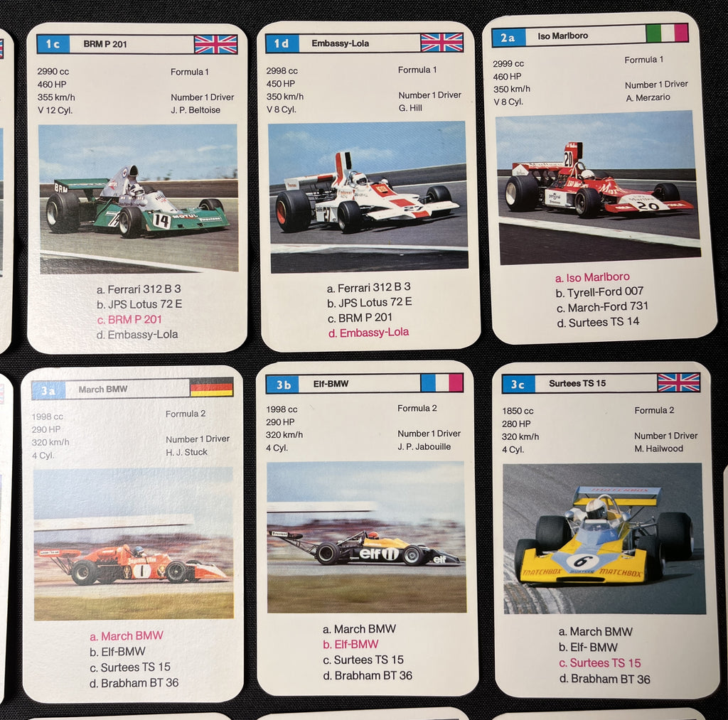 1975 Dubreq F1 RACING CARS Top-Trumps Complete Set (32+) Graham Hill, Emerson Fittipaldi, Jacky Ickx ++++