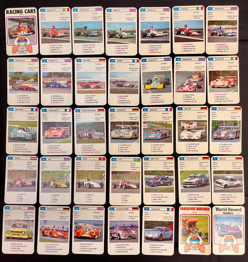 1975 Dubreq F1 RACING CARS Top-Trumps Complete Set (32+) Graham Hill, Emerson Fittipaldi, Jacky Ickx, Clay Regazzoni