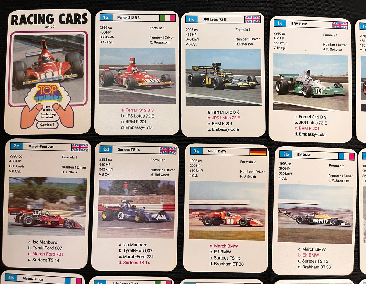1975 Dubreq F1 RACING CARS Top-Trumps Complete Set (32+) Graham Hill, Emerson Fittipaldi, Jacky Ickx, Clay Regazzoni