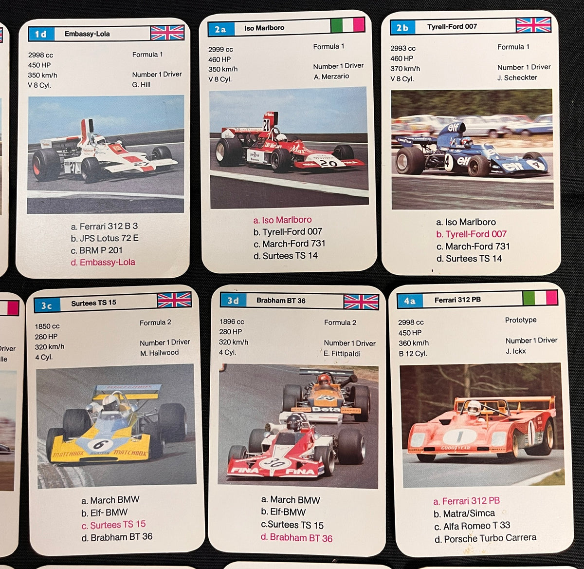 1975 Dubreq F1 RACING CARS Top-Trumps Complete Set (32+) Graham Hill, Emerson Fittipaldi, Jacky Ickx, Clay Regazzoni