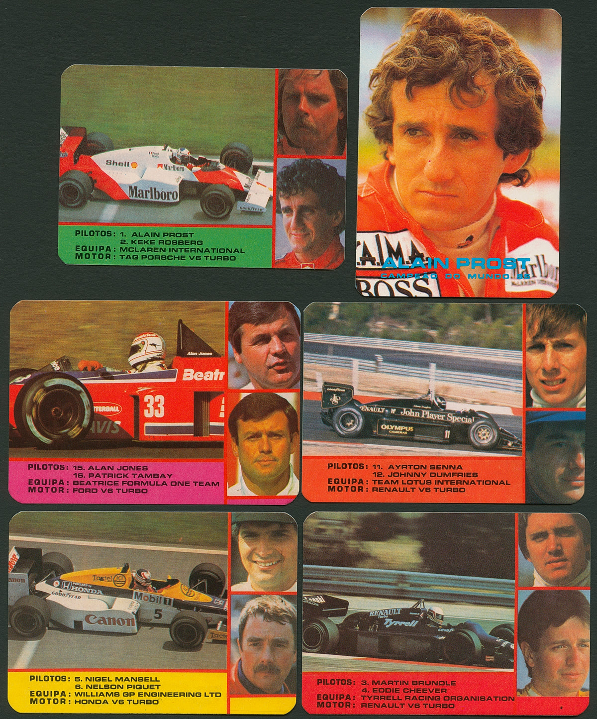 1986 FORMULA 1 Complete Card Set (16) Portugal AYRTON SENNA, ALAIN PROST, NIGEL MANSELL ++++