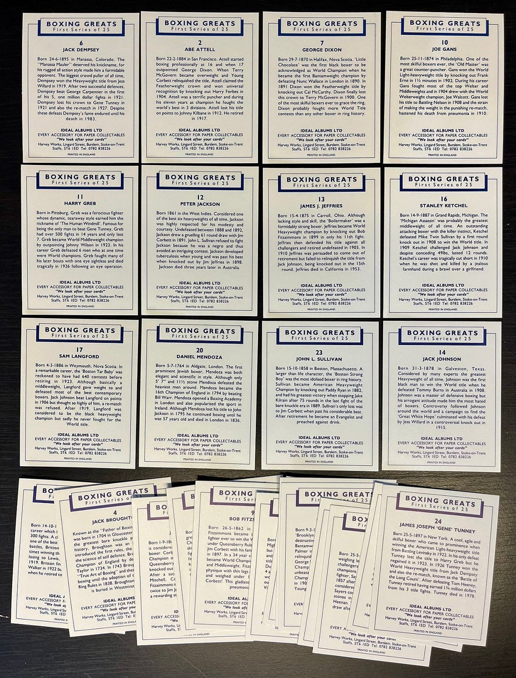 1991 Ideal Albums BOXING GREATS Complete Set (25) Cards JACK JOHNSON, JACK DEMPSEY, SAM LANGFORD +++