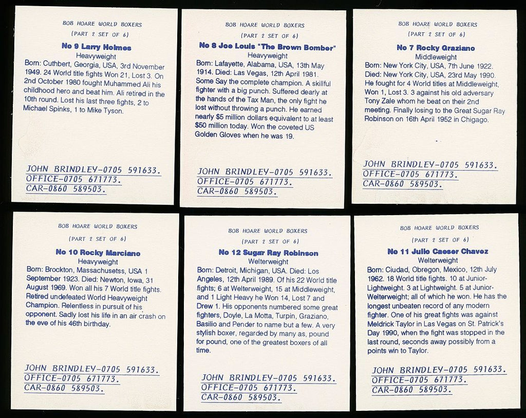 1993 John Brindley BOB HOARE WORLD BOXERS Part 2 Boxing Card Set (6) JULIO CESAR CHAVEZ, JOE LOUIS ++