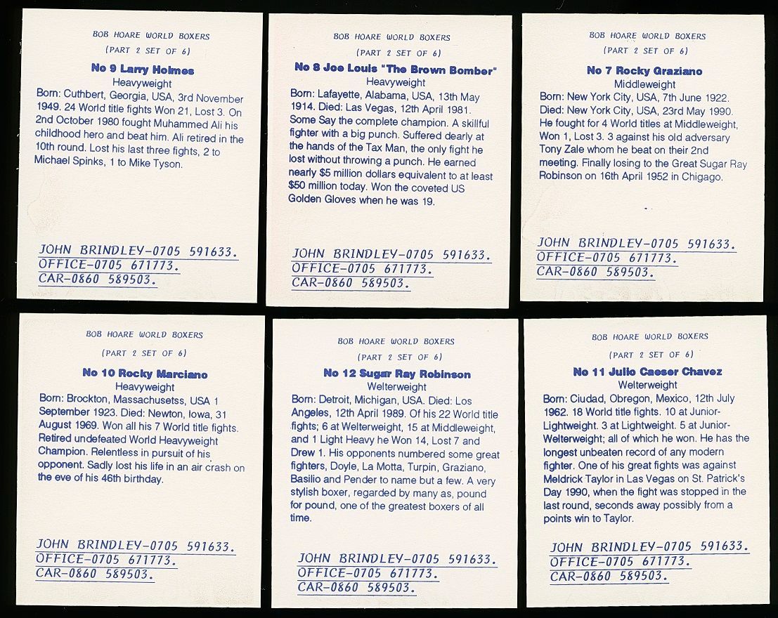1993 John Brindley BOB HOARE WORLD BOXERS Part 2 Boxing Card Set (6) JULIO CESAR CHAVEZ, JOE LOUIS ++