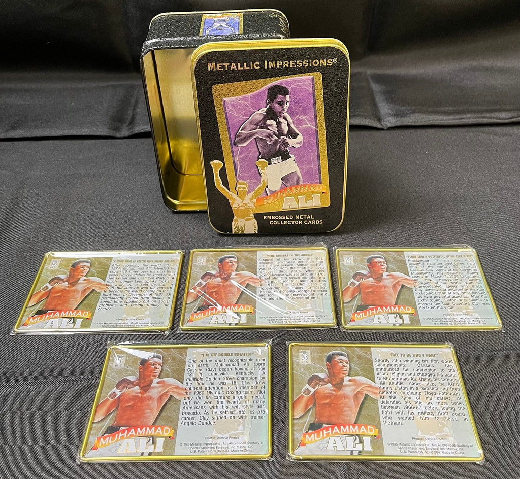 1995 Metallic Impressions - Muhammad Ali - Embossed Metal Collector Boxing Cards - Complete Set (5) with Presentation Tin