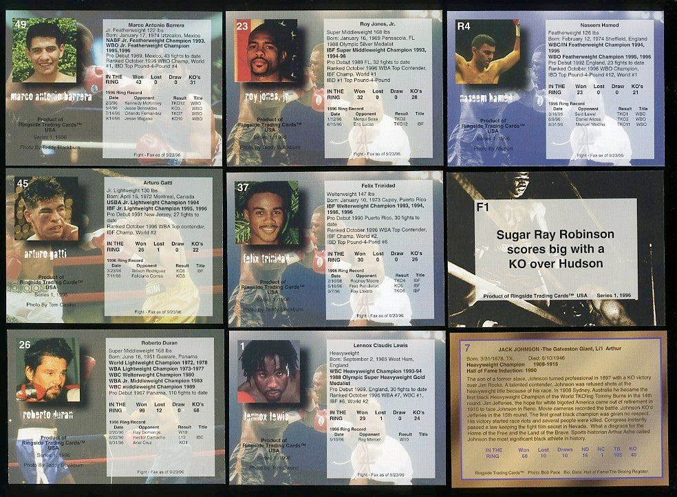 1996 Ringside Boxing Cards - Complete Base Set of 80 Cards - Rookie Cards (RC) of Felix Trinidad, Marco Antonio Barrera, Prince Hamed, Christy Martin +++