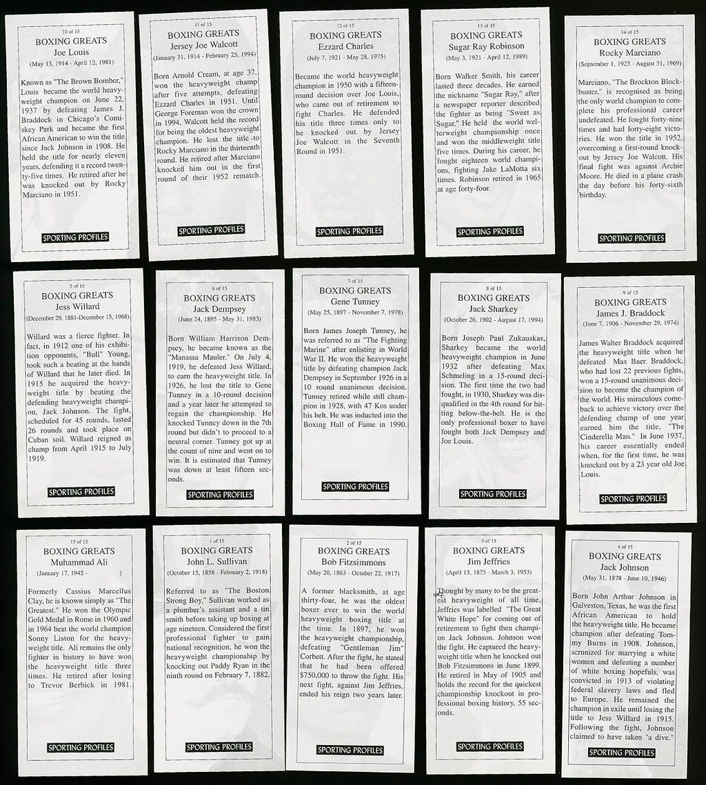 2003 Sporting Profiles BOXING GREATS Card Set (15) MUHAMMAD ALI, JACK JOHNSON, JOE LOUIS, JOHN L. SULLIVAN +++