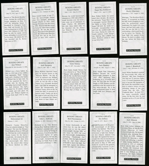 2003 Sporting Profiles BOXING GREATS Card Set (15) MUHAMMAD ALI, JACK JOHNSON, JOE LOUIS, JOHN L. SULLIVAN +++