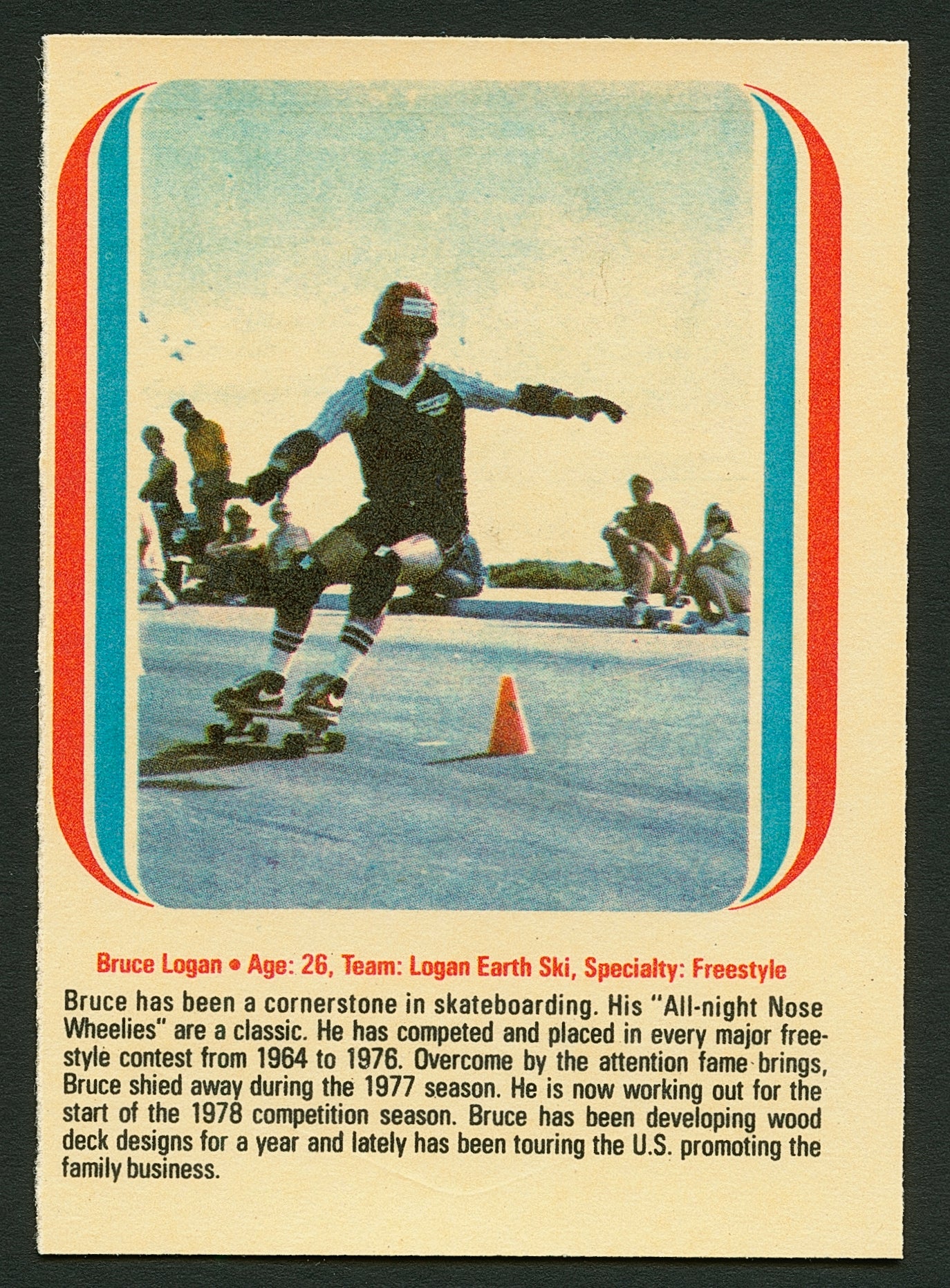 1978 Donruss BRUCE LOGAN All-Pro Skateboard Trading Card GUTTER JUMPING