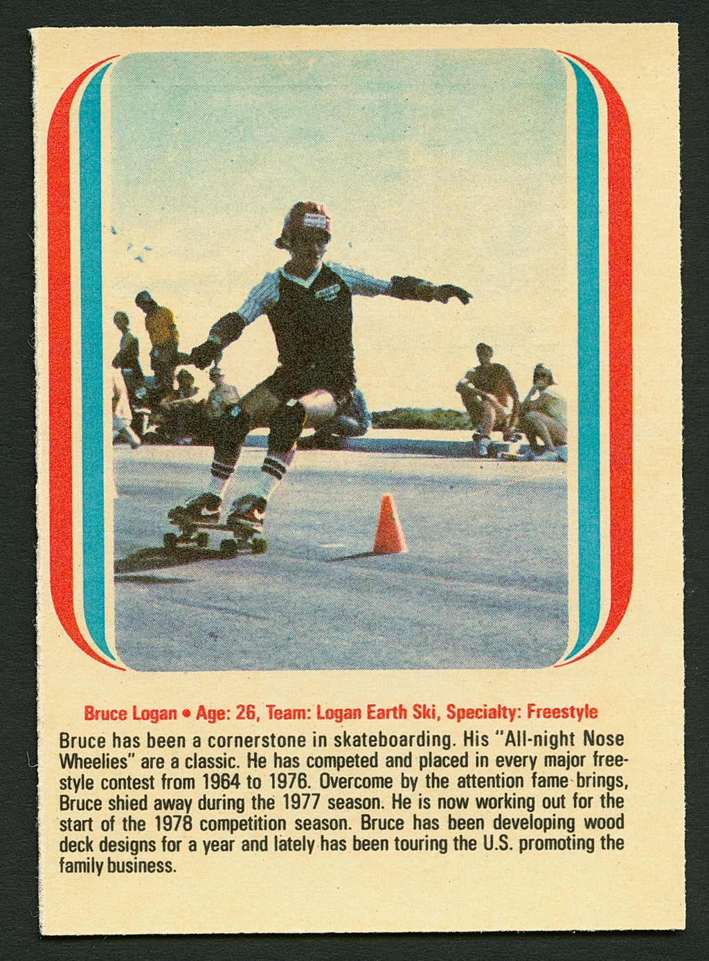 1978 Donruss BRUCE LOGAN All-Pro Skateboard Trading Card GUTTER JUMPING #13 (NM)