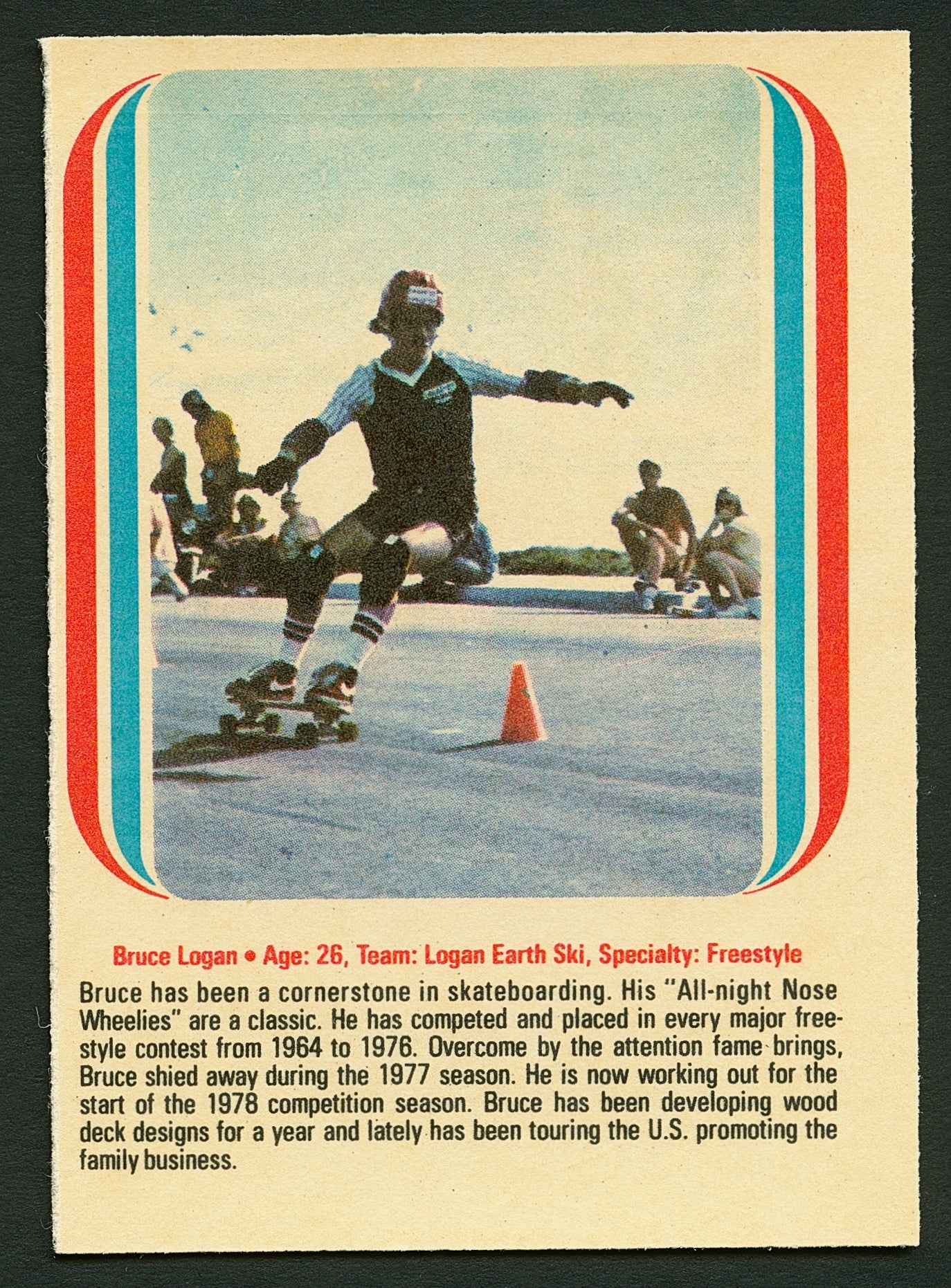 1978 Donruss BRUCE LOGAN All-Pro Skateboard Trading Card GUTTER JUMPING #13 (NM)