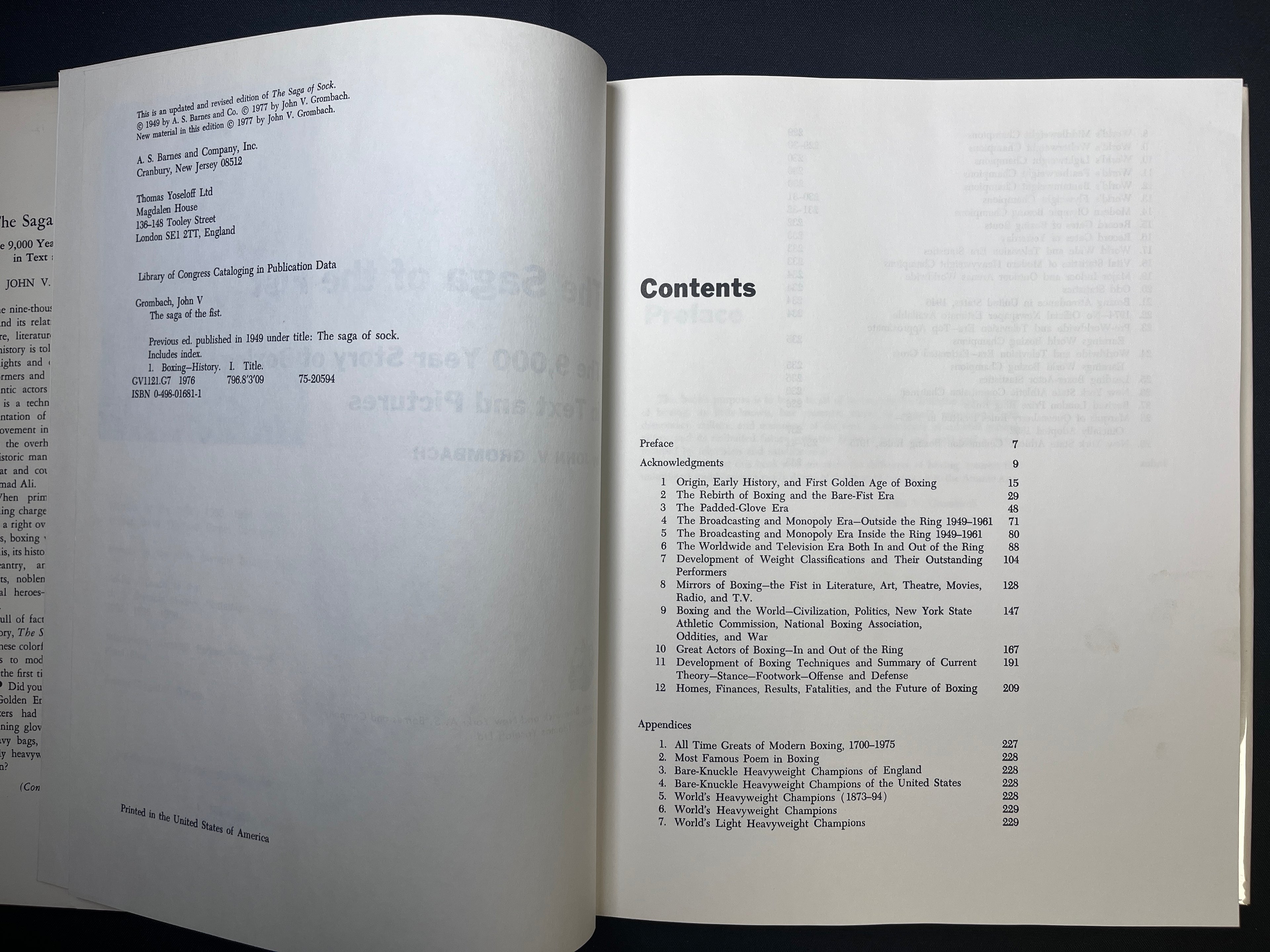 The Saga Of The Fist by John Grombach - 1977 Edition Boxing Book (Hardcover with Dustjacket) - "The 9000 Year Story of Boxing in Text and Pictures"