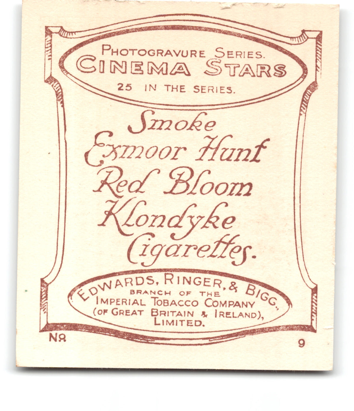 1923 LEE MORAN Ringer's Cigarettes CINEMA STARS (Large) Tobacco Card