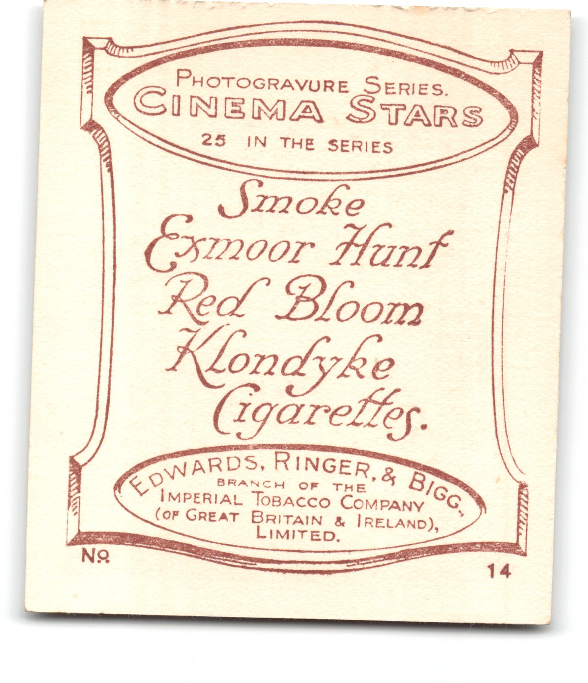 1923 MARY DIBLEY Ringer's Cigarettes CINEMA STARS (Large) Tobacco Card