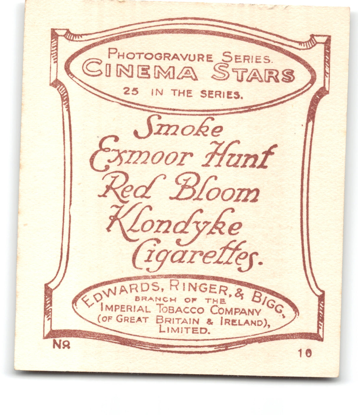 1923 PAULINE FREDERICK Ringer's Cigarettes CINEMA STARS (Large) Tobacco Card