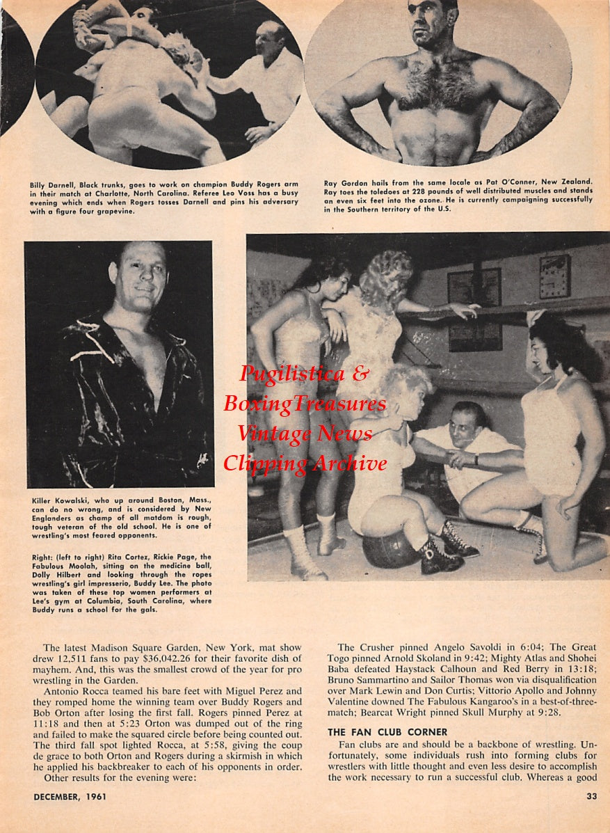 Wrestling News Clipping #185 - Rita Cortez, Rickie Page, The Fabulous Moolah, Dolly Hilbert, Buddy Lee, Billy Darnell, Buddy Rogers, Leo Voss, Ray Gordon, Paul Hilbert, Miguel Perez, Danno O'Shocker, Doug Kinslow