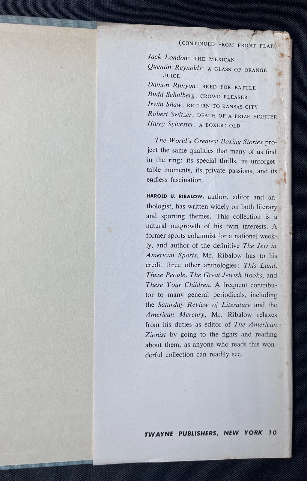 The World's Greatest Boxing Stories Edited by Harold U. Ribalow - 1952 Edition Boxing Book (Hardcover w/Dustjacket)