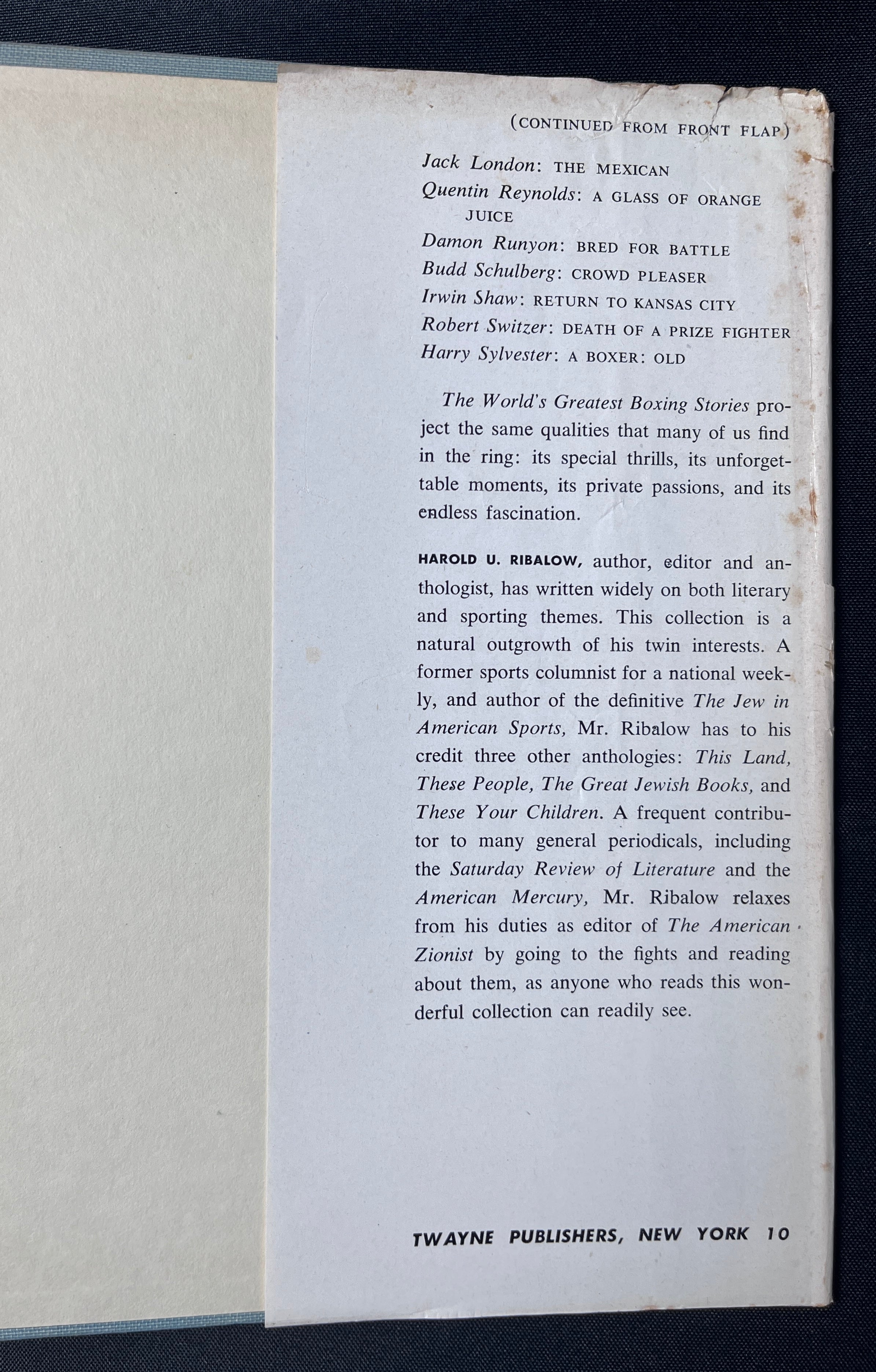 The World's Greatest Boxing Stories Edited by Harold U. Ribalow - 1952 Edition Boxing Book (Hardcover w/Dustjacket)