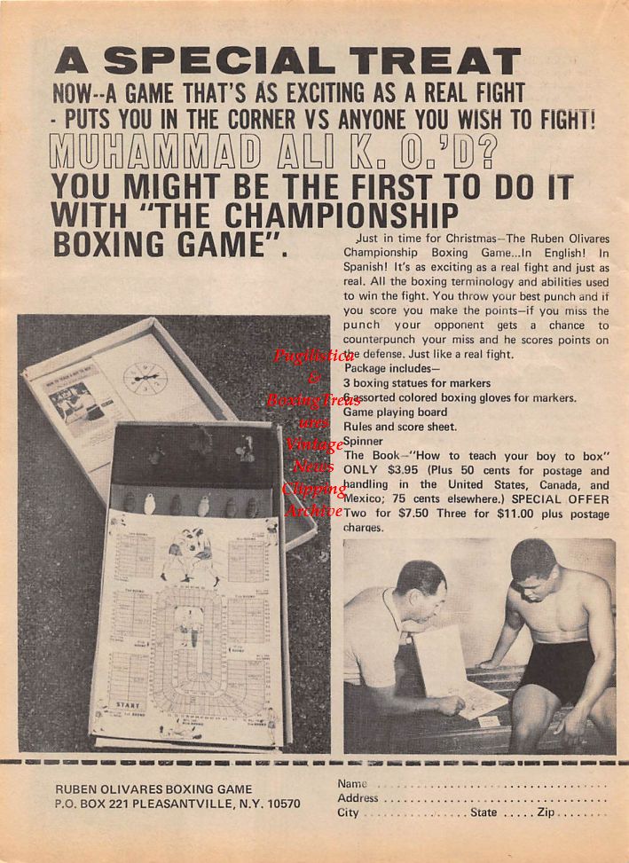 Boxing News Clipping #151 - Ruben Olivares Boxing Game Ad, Bernie Grossmith, Archie Kasler