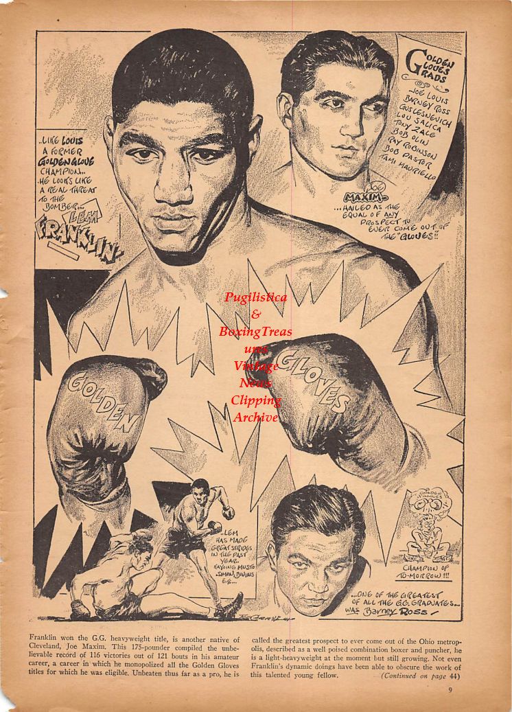 Boxing News Clipping #165 - Lem Franklin, Joey Maxim and Barney Ross Full Page Cartoon by Ted Carroll
