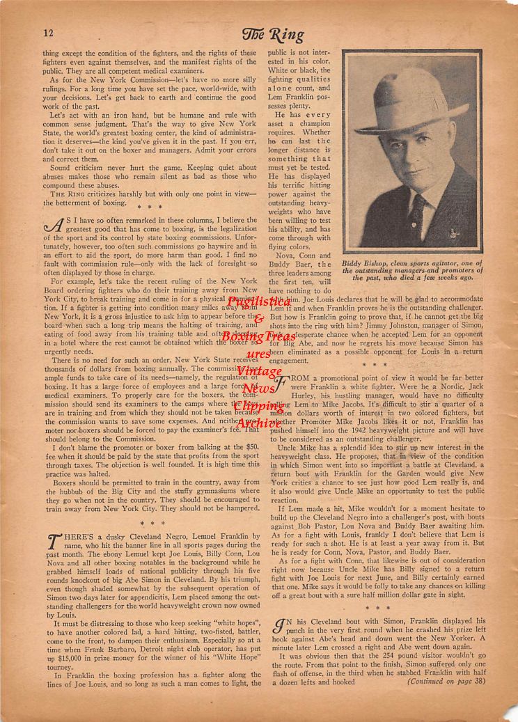 Boxing News Clipping #166 - Lem Franklin, Abe Simon, Turkey Thompson, Buddy Bishop