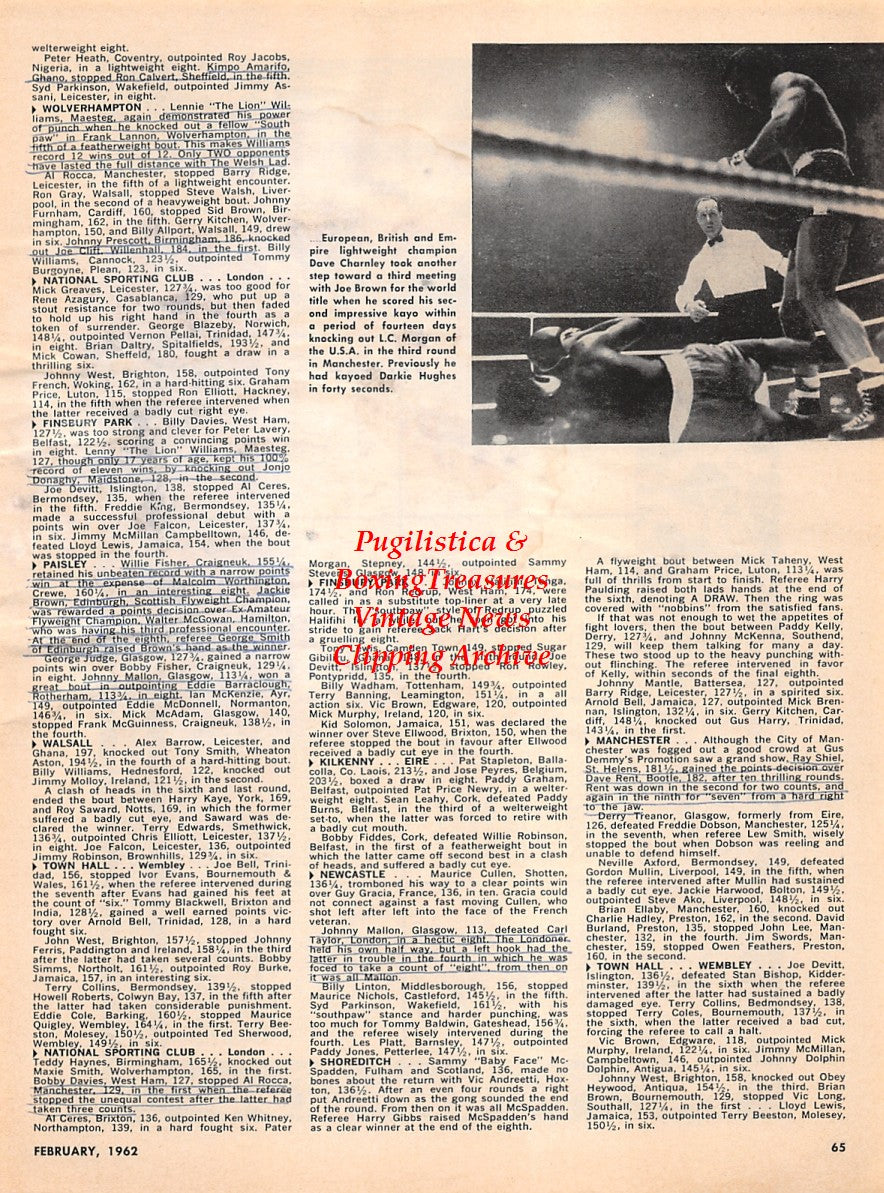 Boxing News Clipping #2207 - Dave Charnley vs. L.C. Morgan, Boxing Historical Calendar Illustration by Walter Galli