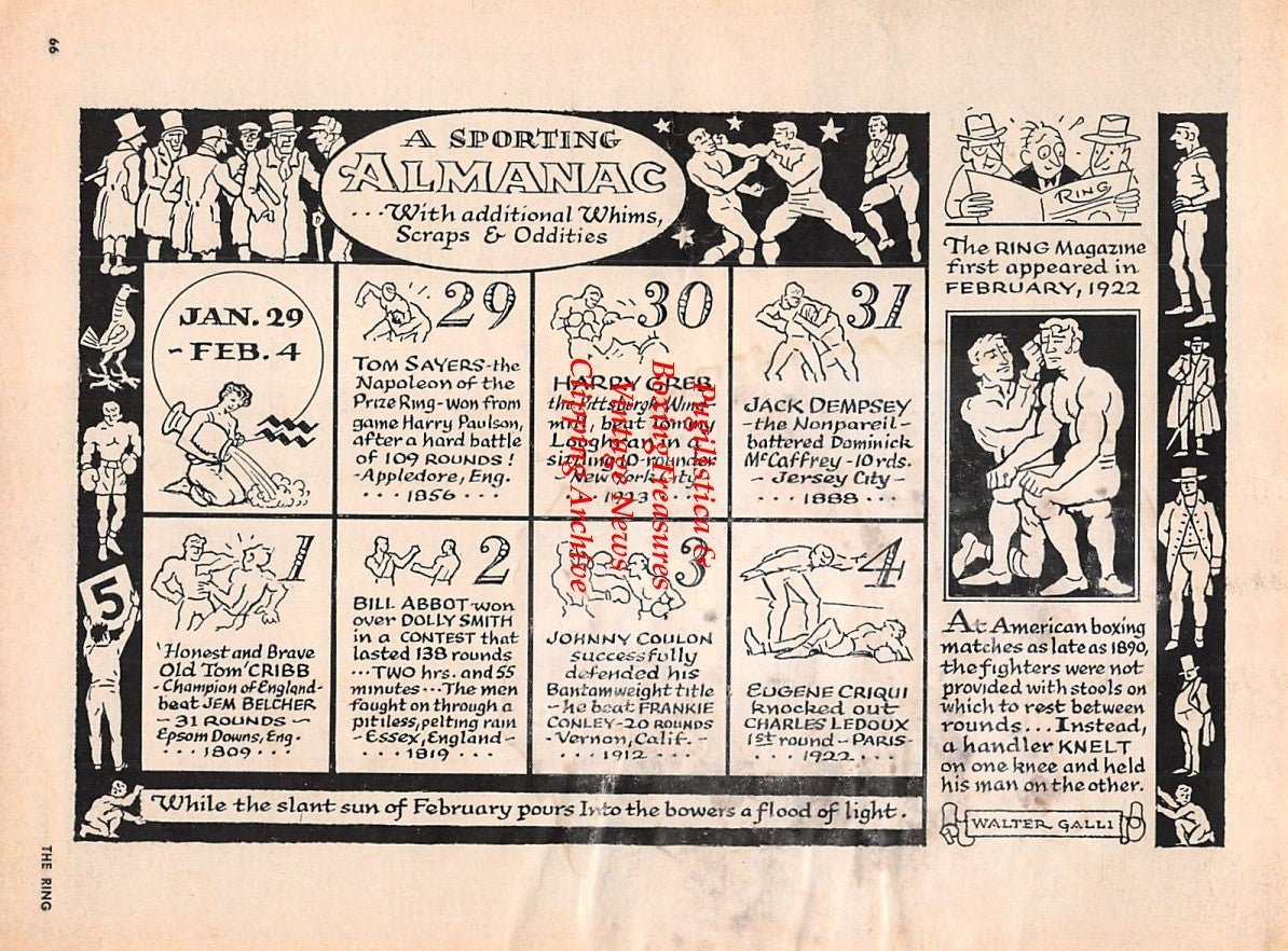 Boxing News Clipping #2207 - Dave Charnley vs. L.C. Morgan, Boxing Historical Calendar Illustration by Walter Galli