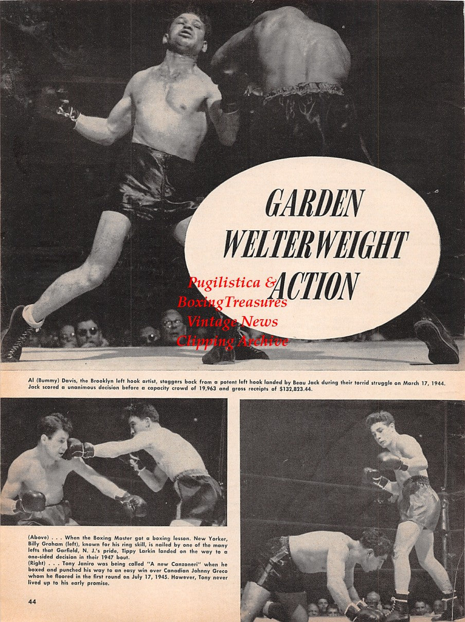 Boxing News Clipping #2239 - Beau Jack vs. Al Bummy Davis, Billy Graham vs. Tippy Larkin, Tony Janiro vs. Johnny Greco