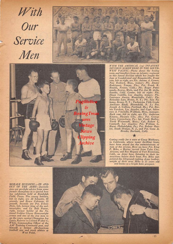 Boxing News Clipping #79 - 1944 Boxers In The Service, Ray Magana, Al Schuette, Bruce Coleman, Sam Nahama, George Yates, Robert Sluyter, Fritzie Zivic and Others / Jack Johnson vs. Jess Willard