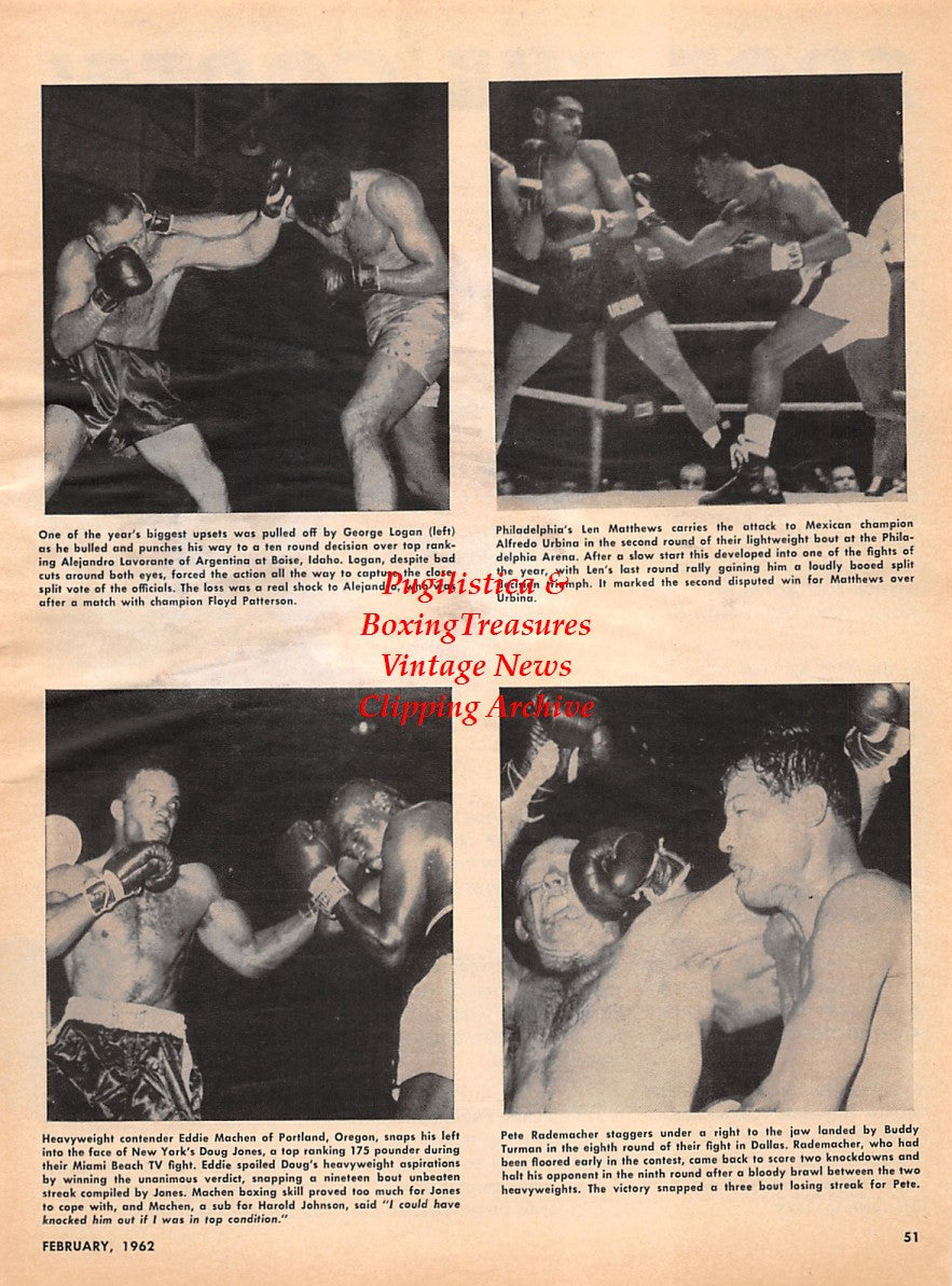 Boxing News Clipping #2204 - George Logan vs Alejandro Lavorante, Len Matthews vs Alfredo Urbina, Eddie Machen vs Doug Jones, Pete Rademacher vs Buddy Turman, Pancho Villa vs Jimmy Wilde