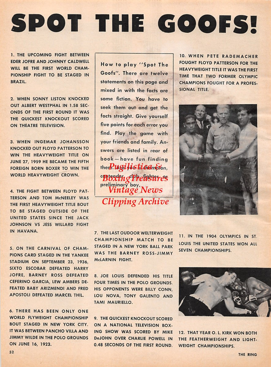 Boxing News Clipping #2204 - George Logan vs Alejandro Lavorante, Len Matthews vs Alfredo Urbina, Eddie Machen vs Doug Jones, Pete Rademacher vs Buddy Turman, Pancho Villa vs Jimmy Wilde