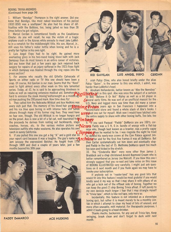 Boxing News Clipping #1000 - Paddy DeMarco, Ace Hudkins, Kid Gavilan, Luis Angel Firpo, Marcel Cerdan