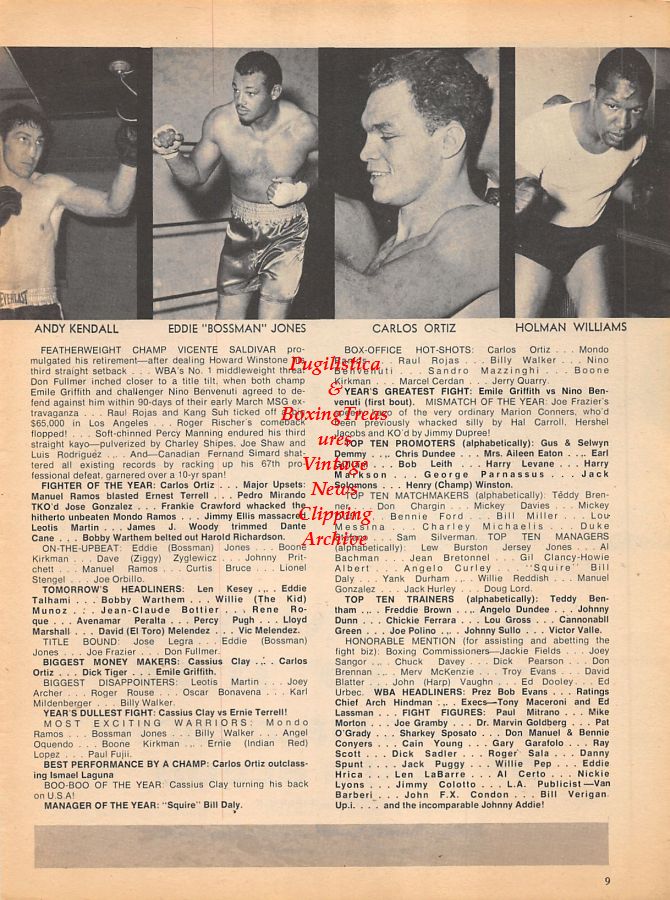 Boxing News Clipping #1008 - Howard Winstone vs. Mitsunori Seki, Andy Kendall, Eddie Jones, Carlos Ortiz, Holman Williams
