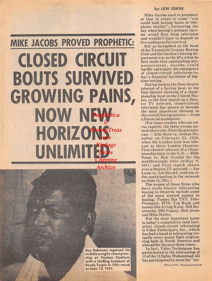 Boxing News Clipping #101 - 1974 Closed Circuit History, Ray Robinson, Ken Buchanan, Jersey Joe Walcott
