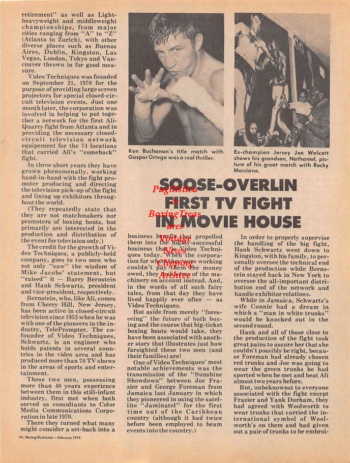 Boxing News Clipping #101 - 1974 Closed Circuit History, Ray Robinson, Ken Buchanan, Jersey Joe Walcott