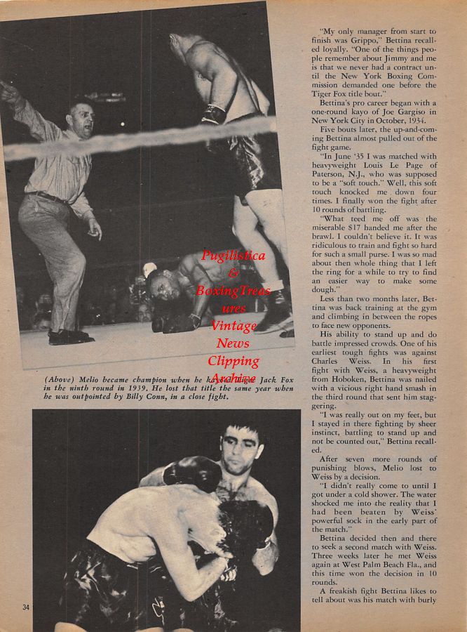 Boxing News Clipping #1019 - Melio Bettina, Tiger Jack Fox, Billy Conn