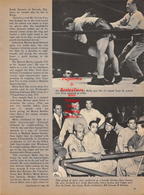 Boxing News Clipping #1020 - Canto Robledo, Wayne Kindred, Baby Cassius, Melio Bettina vs. Fred Apostoli, Tippy Larkin, Petey Scalzo, Joe Louis and others