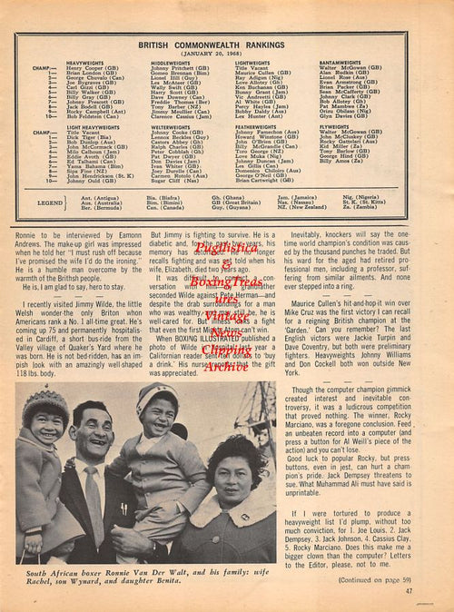 Boxing News Clipping #1026 - Paddy Byrne, Rocky Marciano, Jimmy Lester, Bert Hyland, Ronnie Van Der Walt