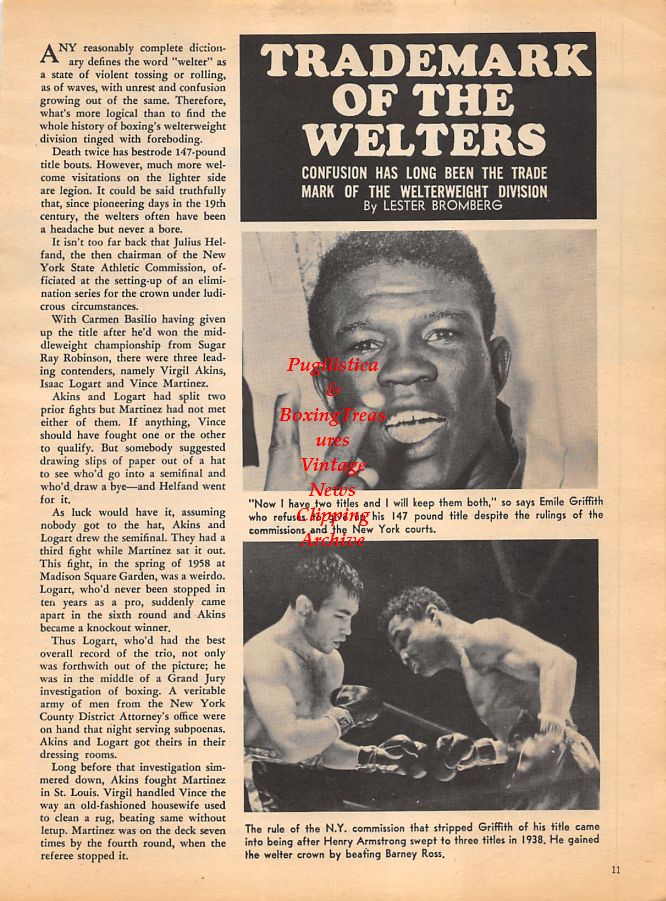 Boxing News Clipping #1038 - Emile Griffith, Henry Armstrong, Barney Ross, Virgil Akins, Isaac Logart, Curtis Cokes