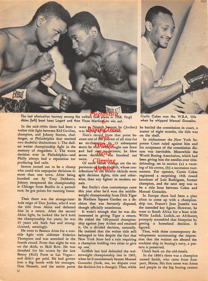 Boxing News Clipping #1038 - Emile Griffith, Henry Armstrong, Barney Ross, Virgil Akins, Isaac Logart, Curtis Cokes