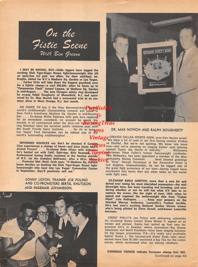 Boxing News Clipping #1061 - Sonny Liston, Ingemar Johansson, Joe Polino, Bertel Knuttson, Max Novich, Ralph Dougherty