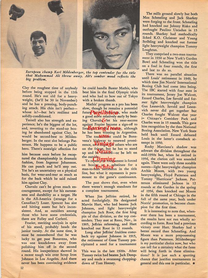 Boxing News Clipping #1062 - Floyd Patterson, George Chuvalo, Karl Mildenberger, Muhammad Ali