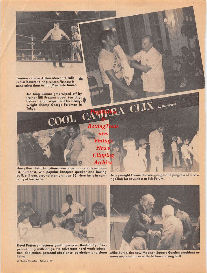 Boxing News Clipping #107 - 1974 Arthur Mercante Sr. & Jr., Joe King Roman, Harry Herschfield, Earnie Shavers & Others
