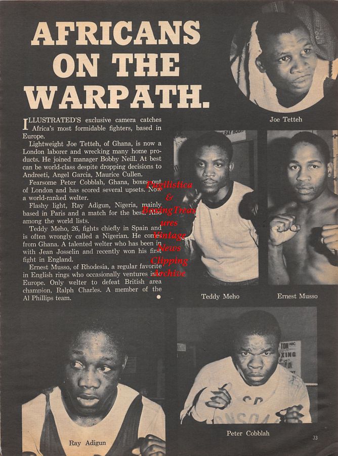 Boxing News Clipping #1072 - Joe Tetteh, Teddy Meho, Ernest Musso, Ray Adigan, Peter Cobblah, Eddie Cotton vs. Bob Foster