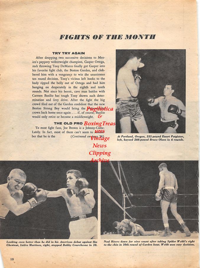 Boxing News Clipping #1115 - Ewart Potgieter vs. Bruce Olson, Isidro Martinez vs. Bobby Courchesne, Spider Webb vs. Neal Rivers, Vince Martinez vs. Kid Gavilan, Paolo Rosi vs. Johnny Gonsalves