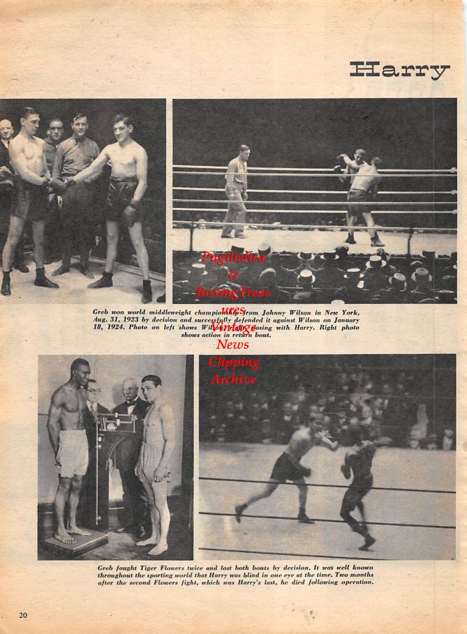 Boxing News Clipping #1120 - Harry Greb, Tiger Flowers, Dave Shade, Johnny Wilson, Gene Tunney and others