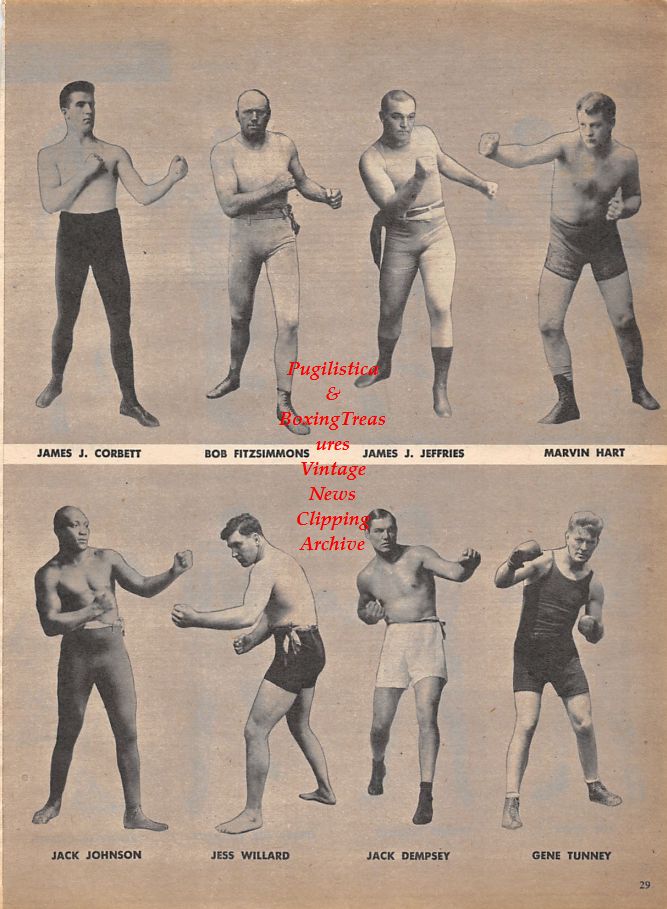 Boxing News Clipping #1125 - "Heavyweight Champs" with James J. Corbett, Bob Fitzsimmons, James Jeffries, Marvin Hart, Jack Johnson, Jess Willard, Jack Dempsey, Joe Louis, Rocky Marciano and others