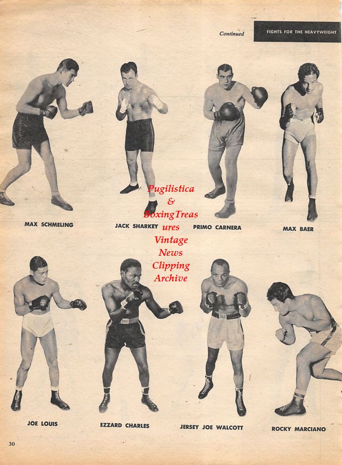 Boxing News Clipping #1125 - "Heavyweight Champs" with James J. Corbett, Bob Fitzsimmons, James Jeffries, Marvin Hart, Jack Johnson, Jess Willard, Jack Dempsey, Joe Louis, Rocky Marciano and others
